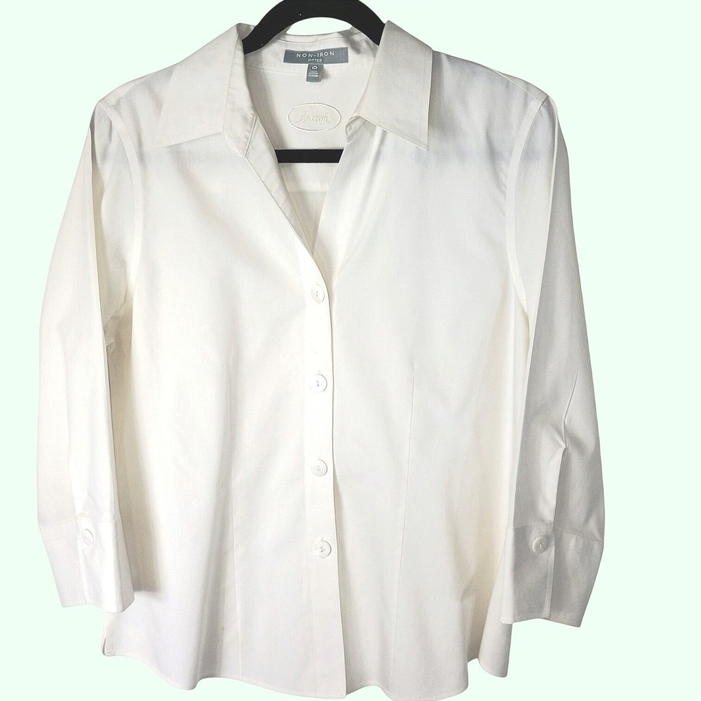 Vintage Foxcroft Womens White Non Iron Fitted 3/4 Sleeve Button Down Shirt 10